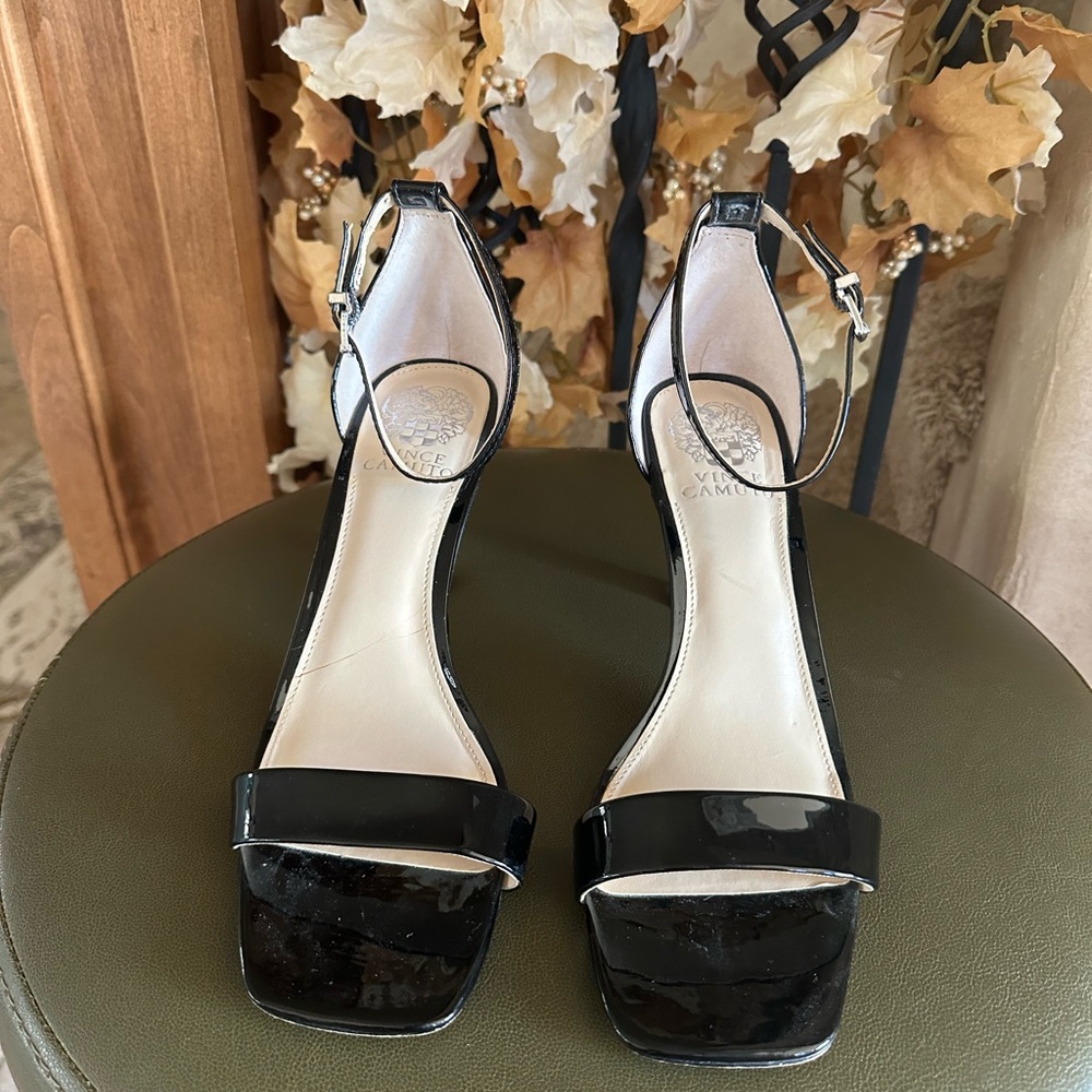 Vince Camuto Black Patent Leather Heels with Ankle Strap